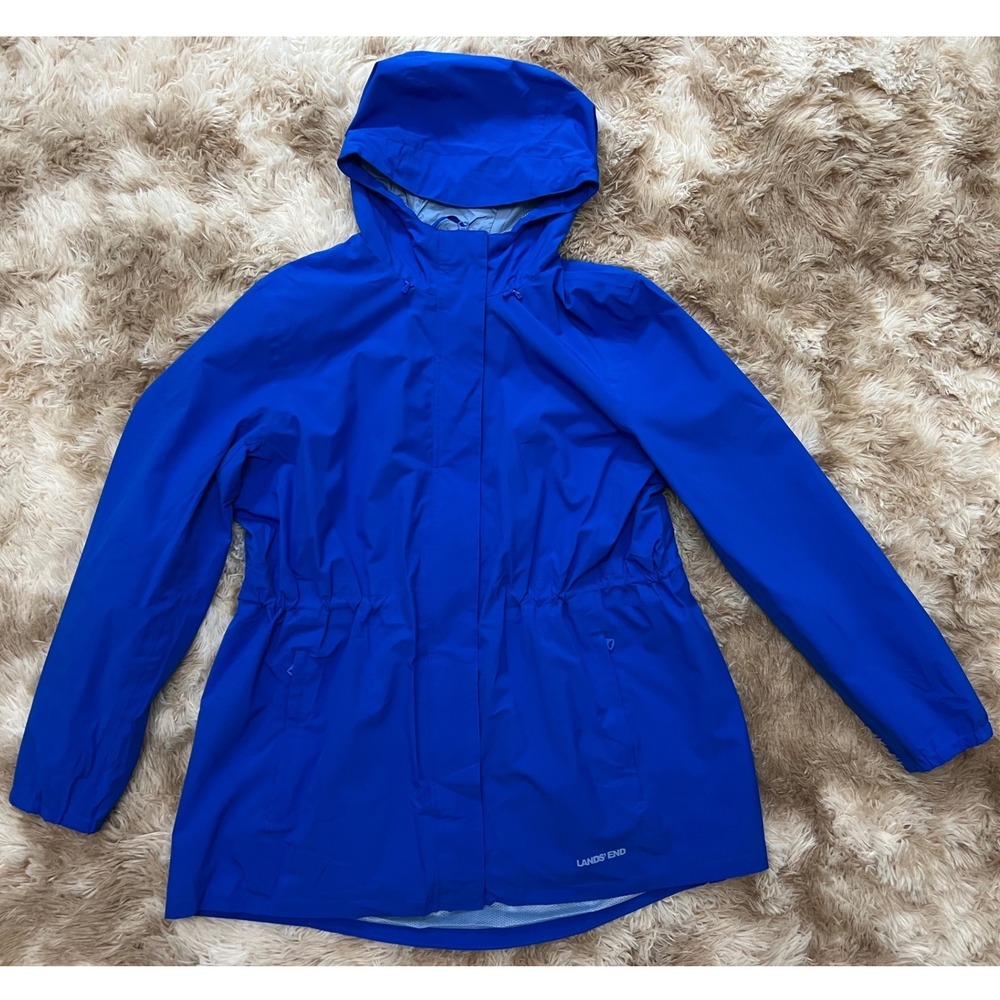 Lands End Womens Royal Blue Hooded Rain Jacket Waterproof Mesh Lined L Petite